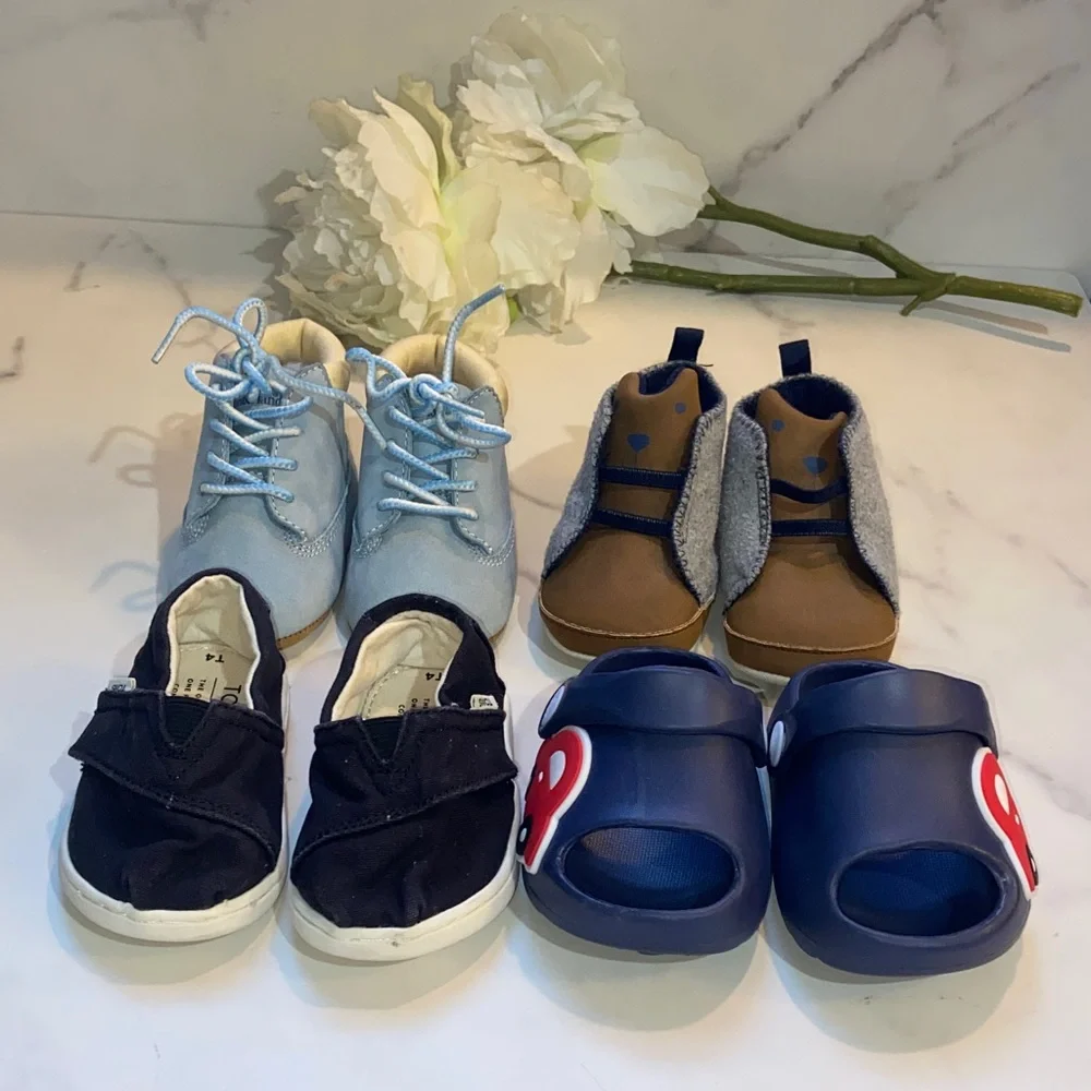 Baby Shoe Bundle Toms,Timberland and Carters- Blue, Brown, Black Sizes 2,3-6M,4T